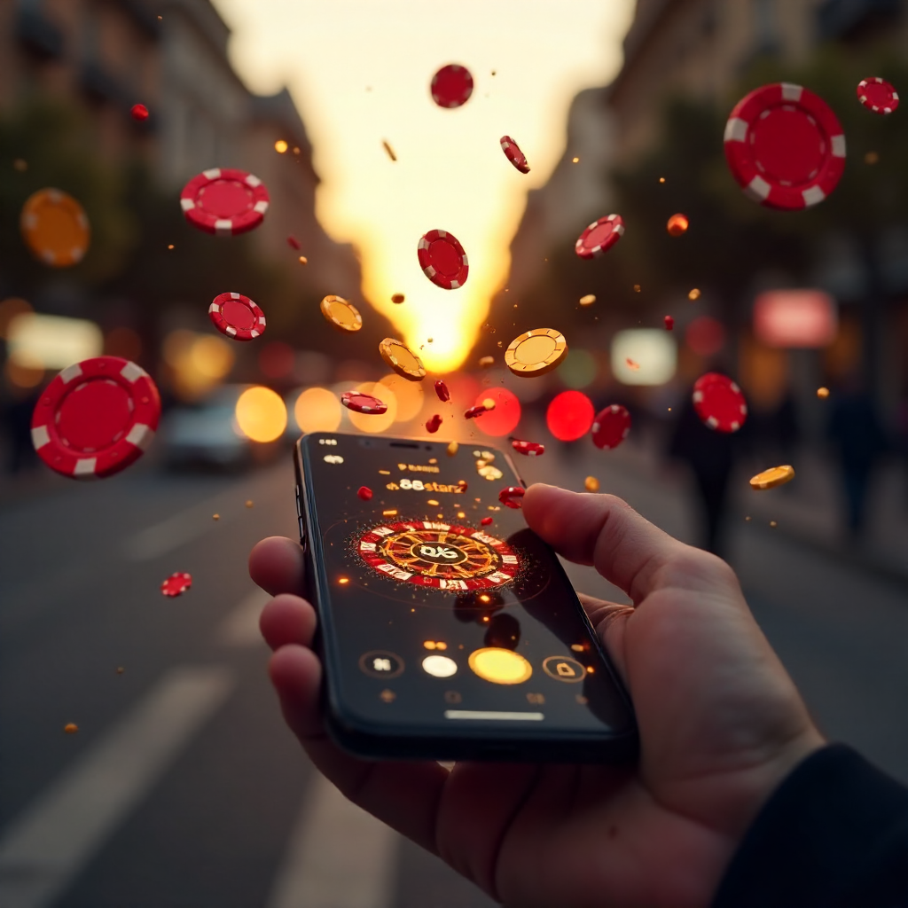 A premium smartphone in a hand with the 888starz app interface, background featuring a blurred Gran Vía in Madrid at sunset, 3D flying gold coins and red poker chips, brand colors red and black, hyper-realistic, 8k.